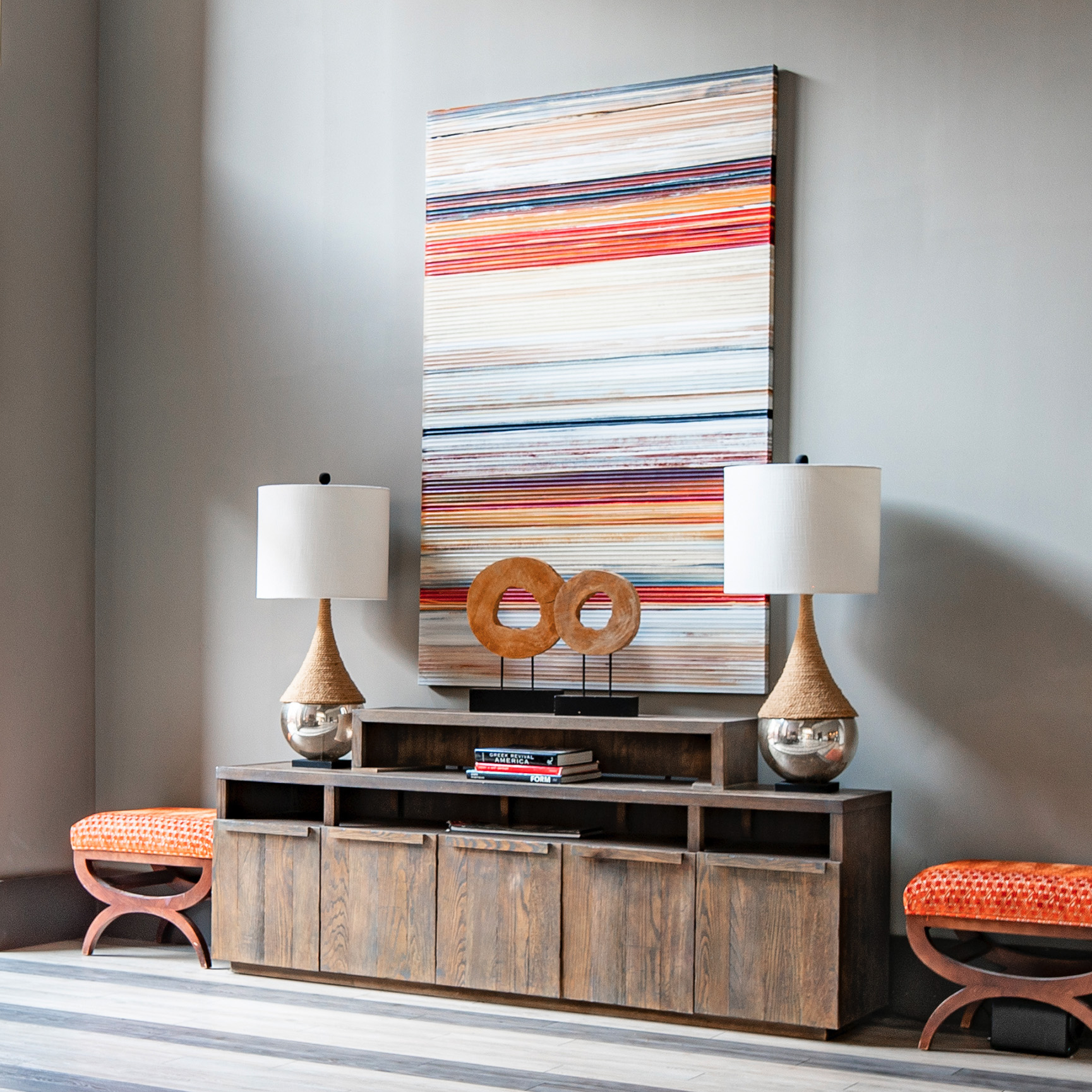 bookshelves with vase in lobby